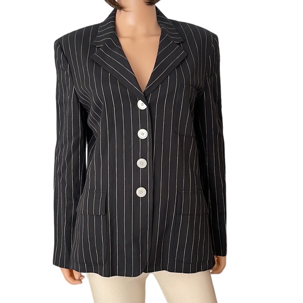 Ralph Lauren Chaps Linen n Cotton Pinstripe Tailored Blazer Black White
